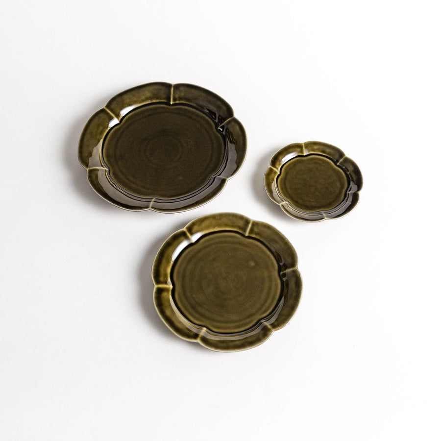 Japanese Rinka flower plate set of three in olive green with scalloped edges for rustic elegant table.
