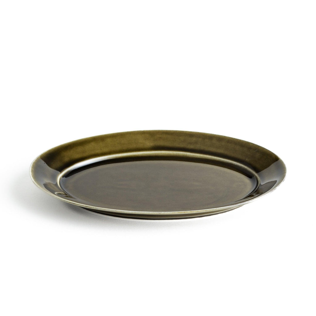 Sleek, dark brown or olive colored oval salad plate with a glossy finish, simple and minimalist.
