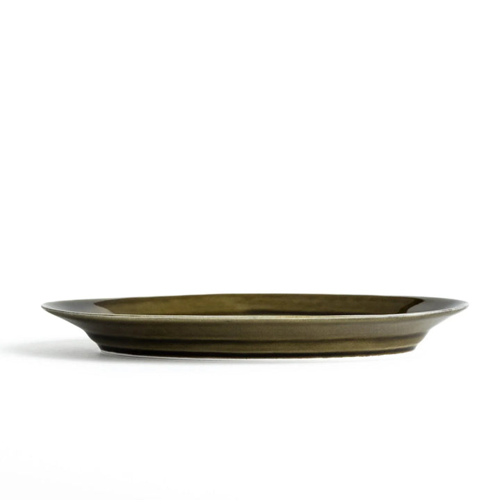 Sleek, dark brown or olive colored oval salad plate with a glossy finish, simple and minimalist.