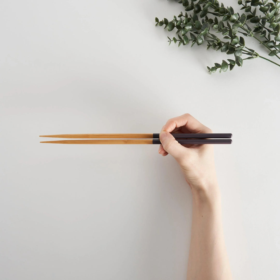 Hand holding darkslateblue-tipped cooking chopsticks, eucalyptus branch in the background.