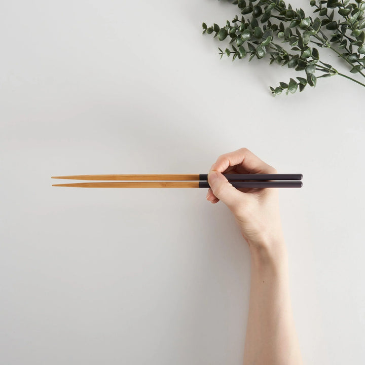 Hand holding darkslateblue-tipped cooking chopsticks, eucalyptus branch in the background.