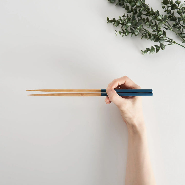 Hand holding chopsticks with teal-colored tips and bamboo body, surrounded by greenery.