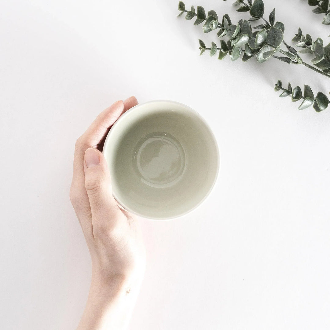 A light green dessert bowl held by hand, viewed from above, showcasing its glossy, curved interior.