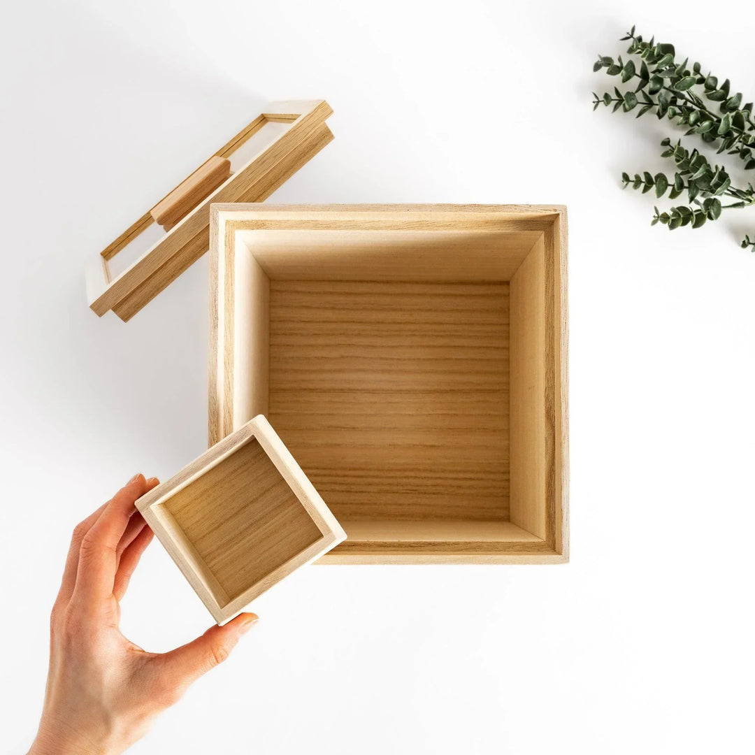 Square paulownia wood rice box with a minimalist design and wooden lid, ideal for stylish and functional storage.