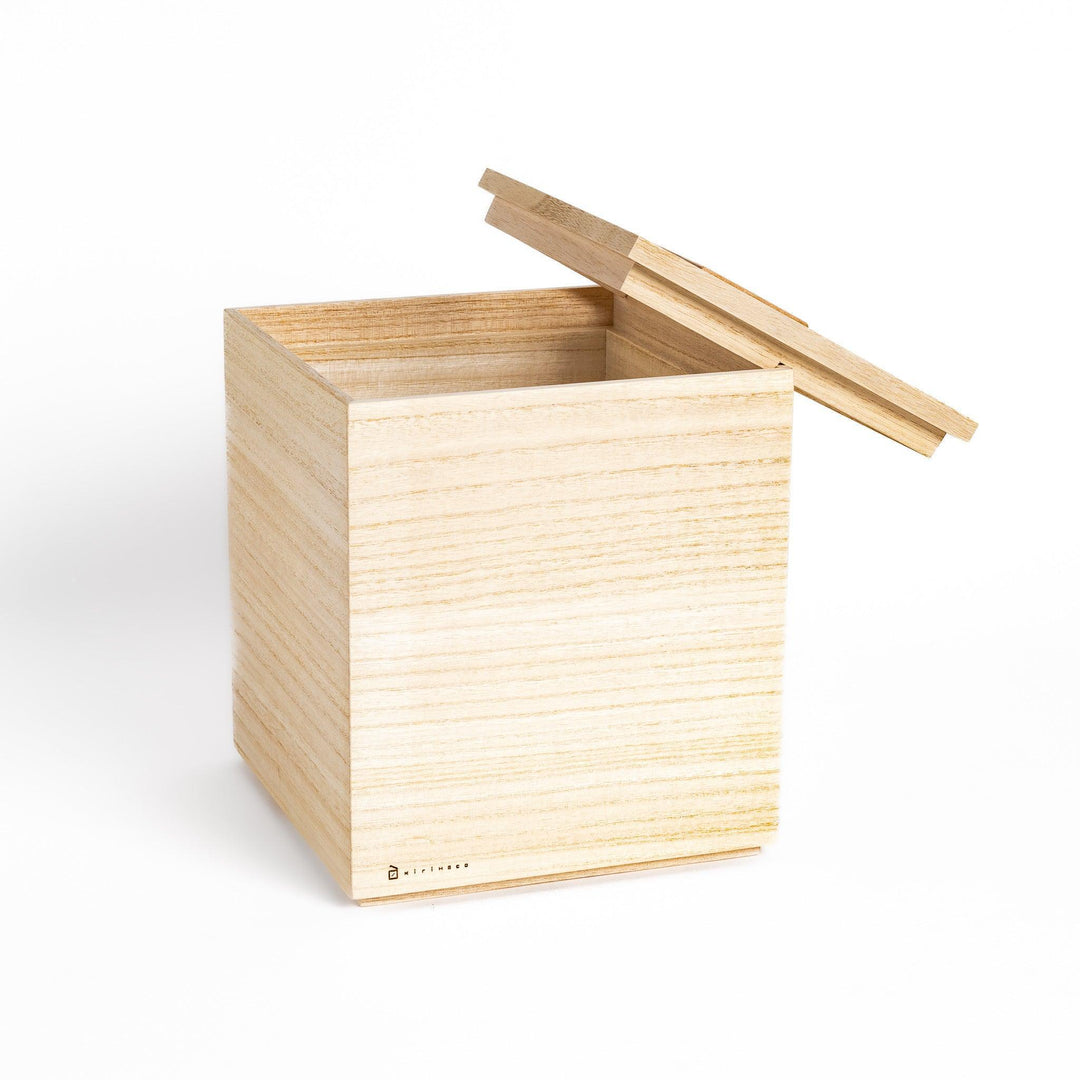 Square paulownia wood rice box with a minimalist design and wooden lid, ideal for stylish and functional storage.