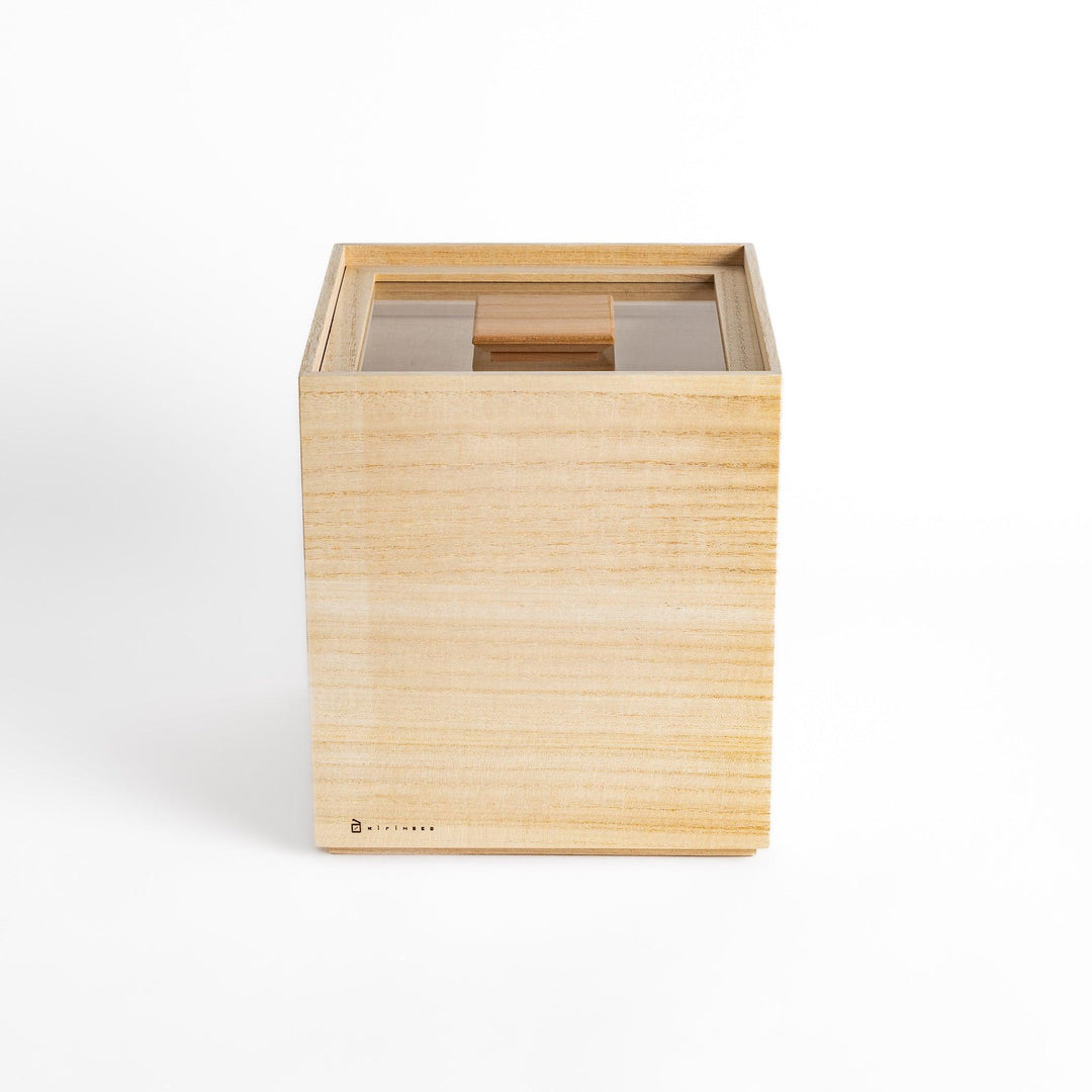 Square paulownia wood rice box with a minimalist design and wooden lid, ideal for stylish and functional storage.