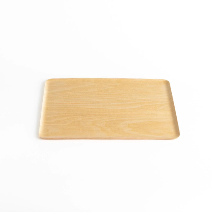 Light brown wooden serving tray with minimalist design perfect for serving meals snacks or drinks.