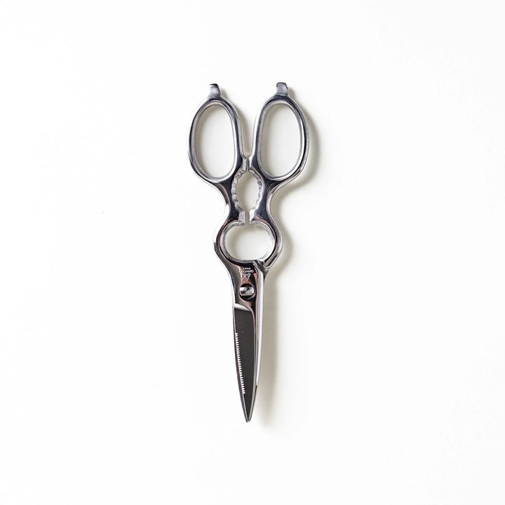 Silver kitchen shears with detachable blades and sleek design ideal for precise cutting and cleaning.