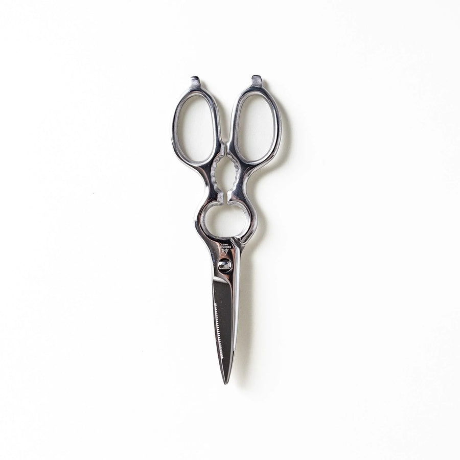 Silver kitchen shears with detachable blades and sleek design ideal for precise cutting and cleaning.