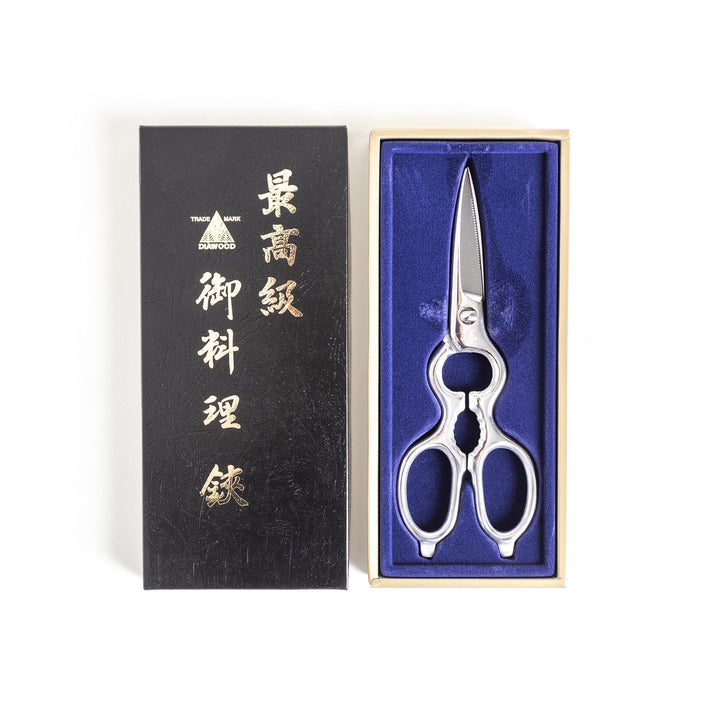 Silver kitchen shears with detachable blades and sleek design ideal for precise cutting and cleaning.