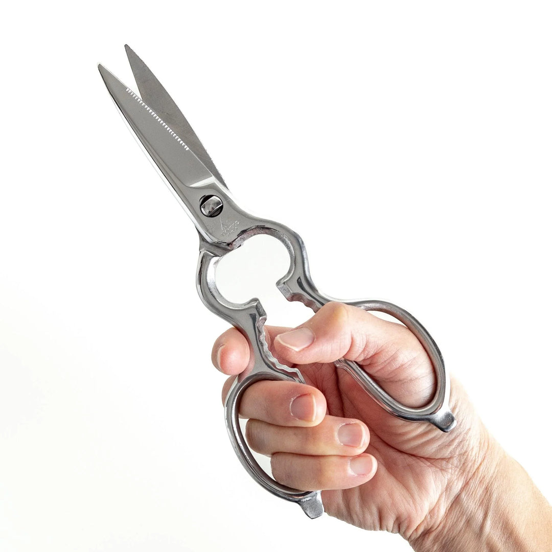 Silver kitchen shears with detachable blades and sleek design ideal for precise cutting and cleaning.