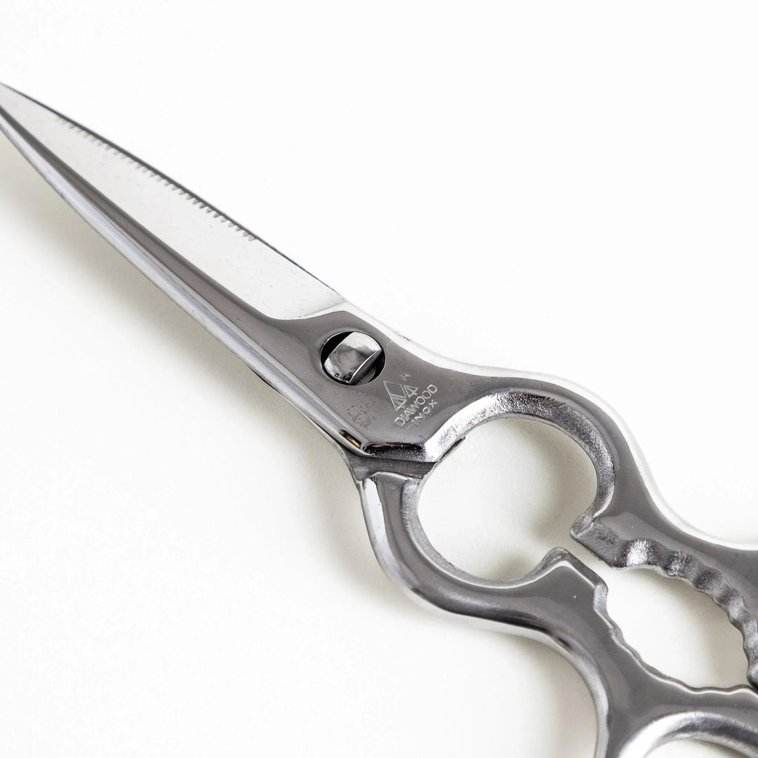Silver kitchen shears with detachable blades and sleek design ideal for precise cutting and cleaning.