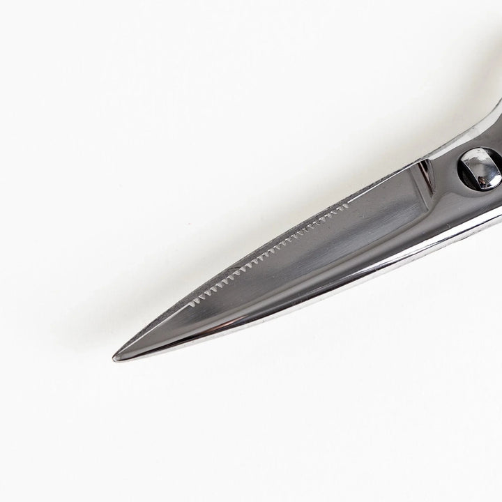 Silver kitchen shears with detachable blades and sleek design ideal for precise cutting and cleaning.