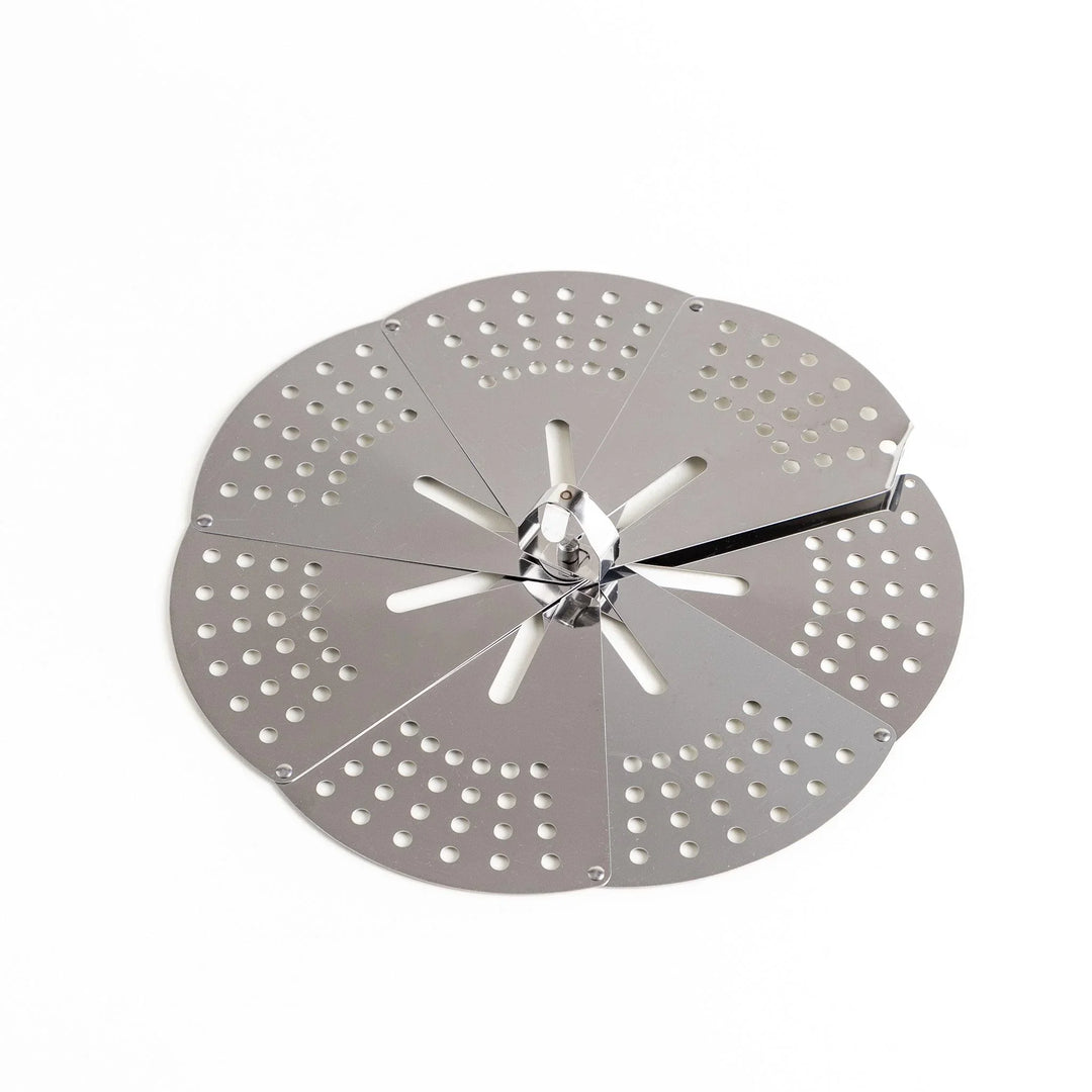 Adjustable stainless steel drop lid with foldable petals for steaming simmering and boil over control.