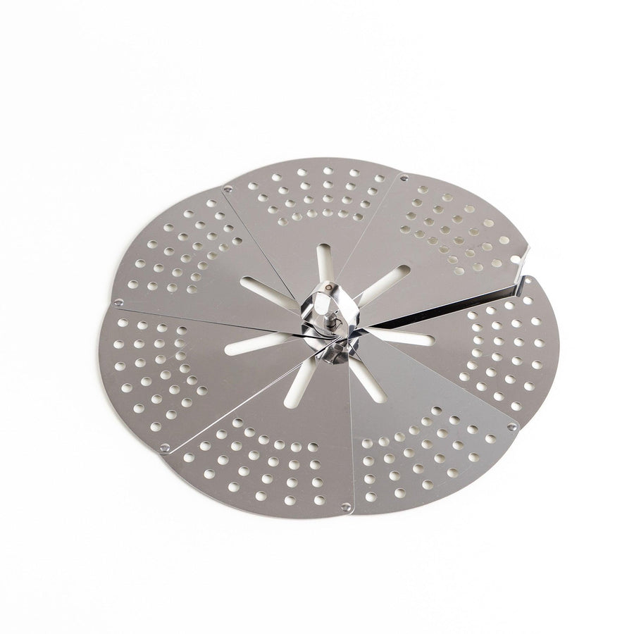 Adjustable stainless steel drop lid with foldable petals for steaming simmering and boil over control.