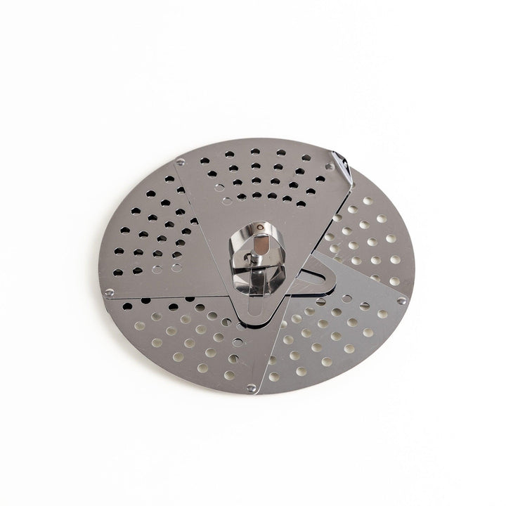 Adjustable stainless steel drop lid with foldable petals for steaming simmering and boil over control.