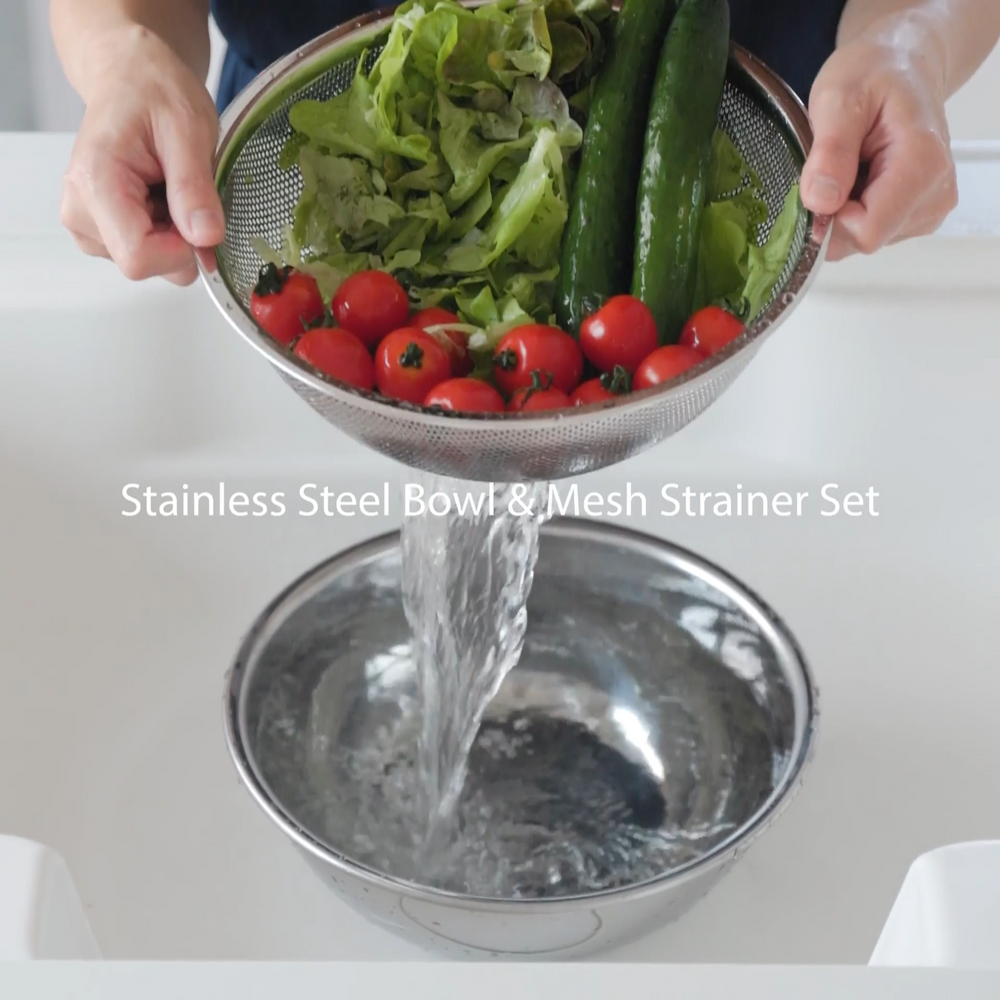 Nami from Just One Cookbook rinsing vegetables in stainless steel bowl and mesh strainer set in kitchen