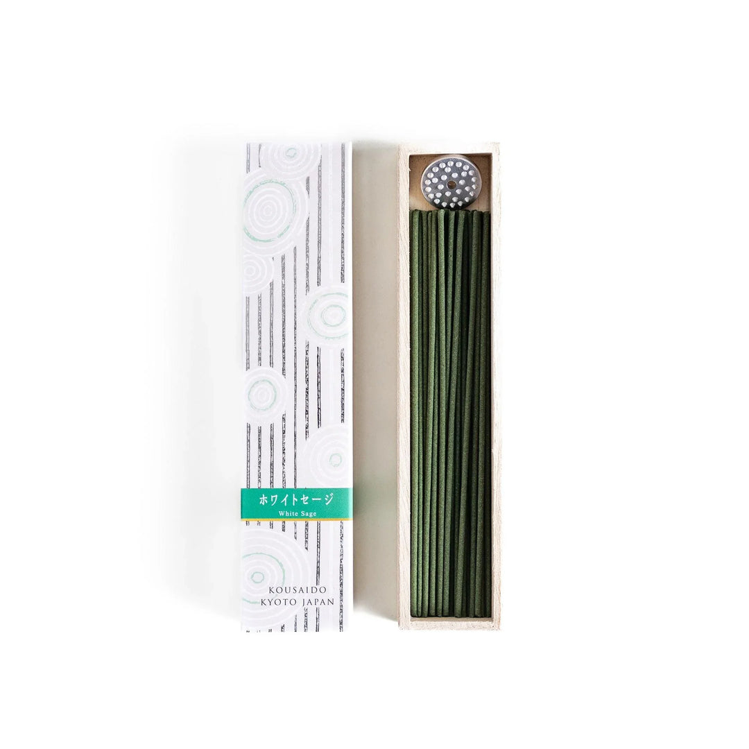 White sage incense sticks in a patterned box with holder, offering a clean herbal aroma that refreshes and purifies any space