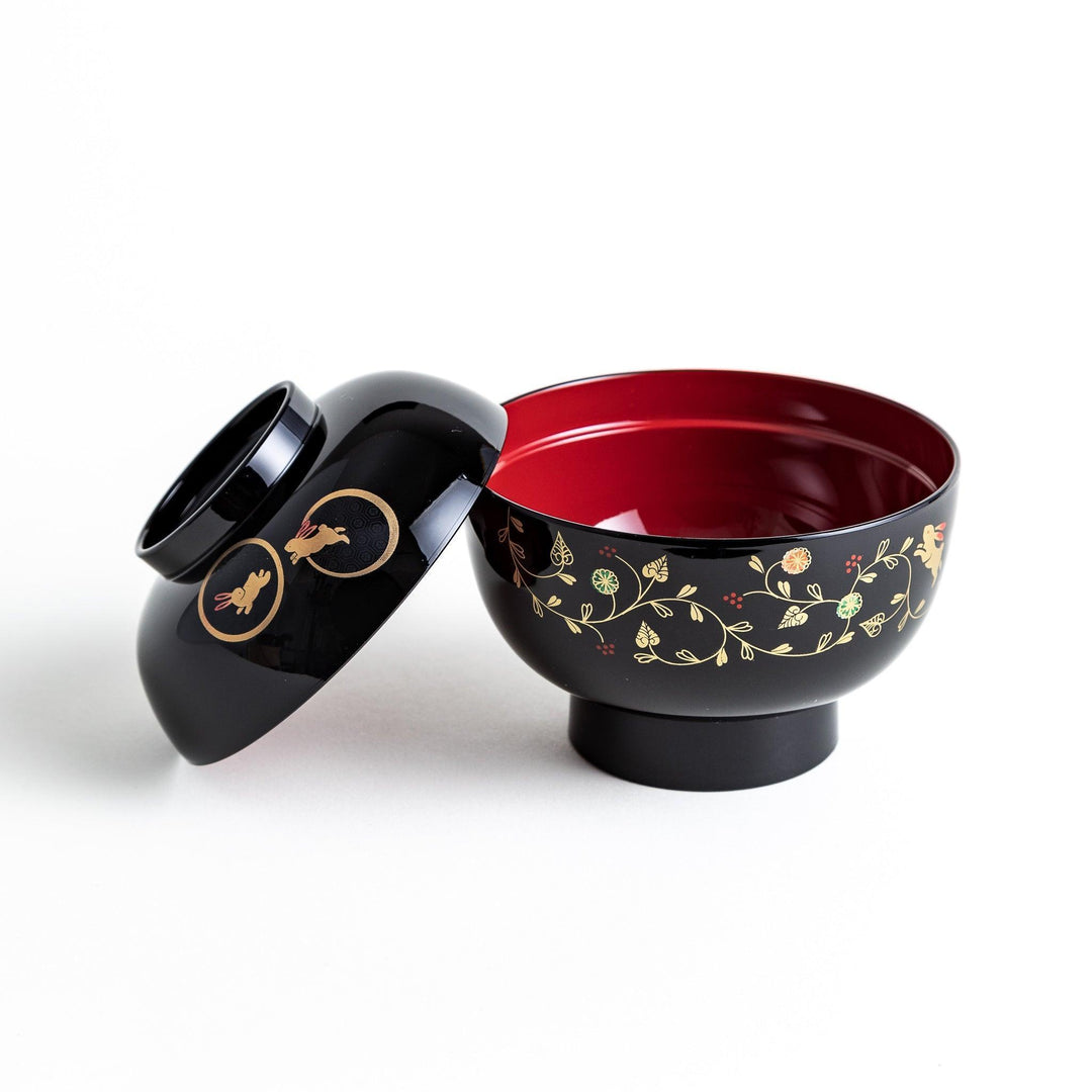 Lacquered soup bowls with lids, featuring golden vine designs. Available in red or black.