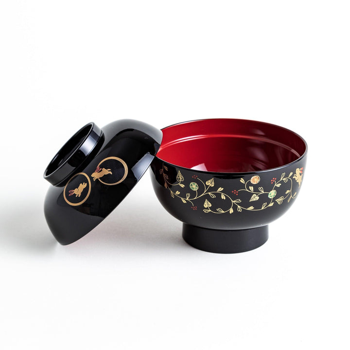 Lacquered soup bowls with lids, featuring golden vine designs. Available in red or black.