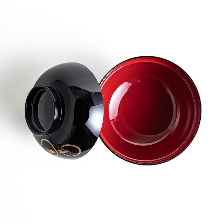 Lacquered soup bowls with lids, featuring golden vine designs. Available in red or black.