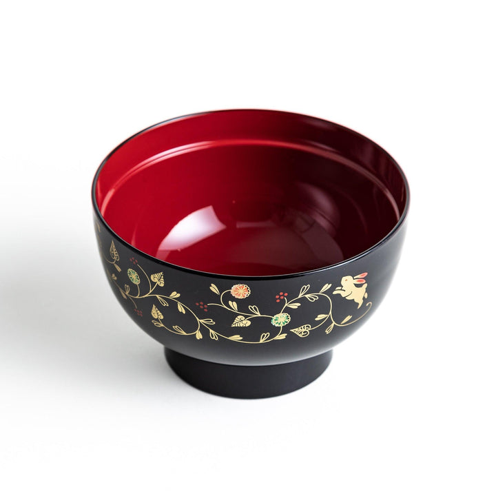 Lacquered soup bowls with lids, featuring golden vine designs. Available in red or black.