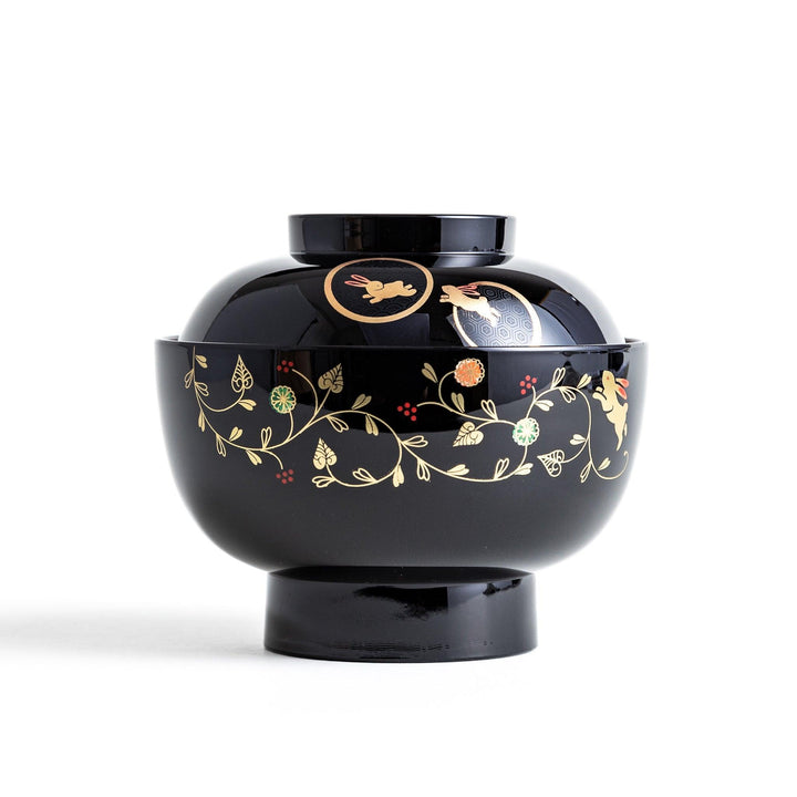 Lacquered soup bowls with lids, featuring golden vine designs. Available in red or black.