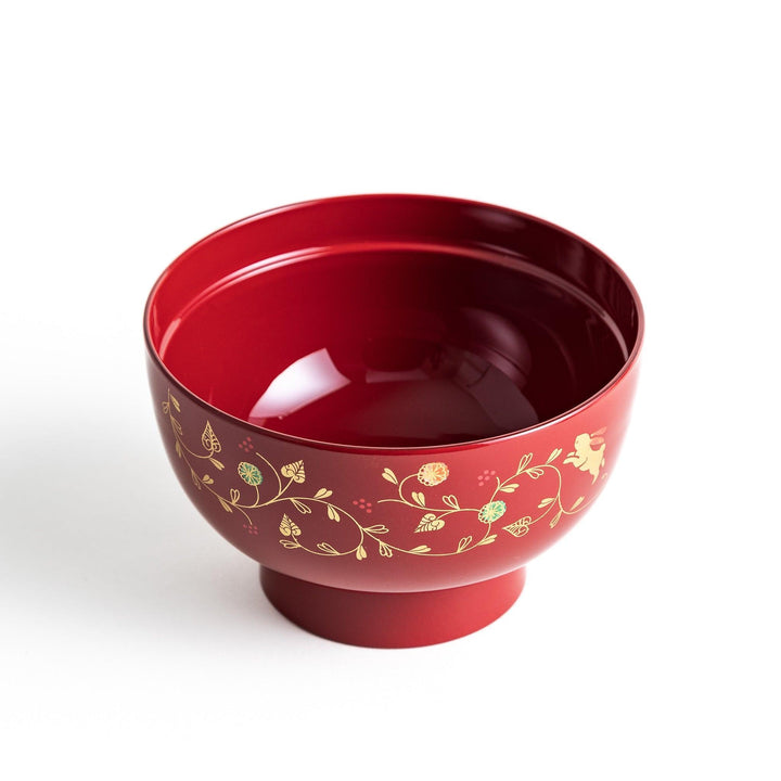 Lacquered soup bowls with lids, featuring golden vine designs. Available in red or black.