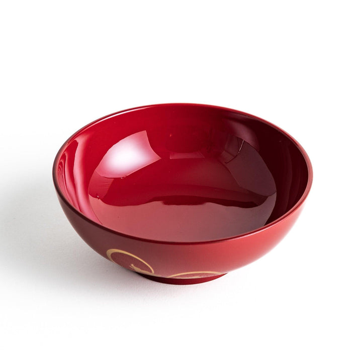 Lacquered soup bowls with lids, featuring golden vine designs. Available in red or black.