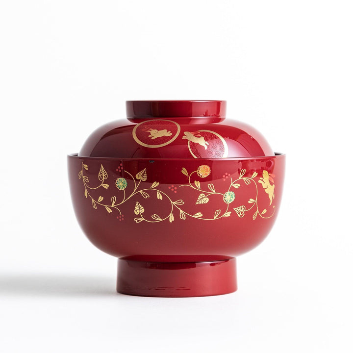 Lacquered soup bowls with lids, featuring golden vine designs. Available in red or black.