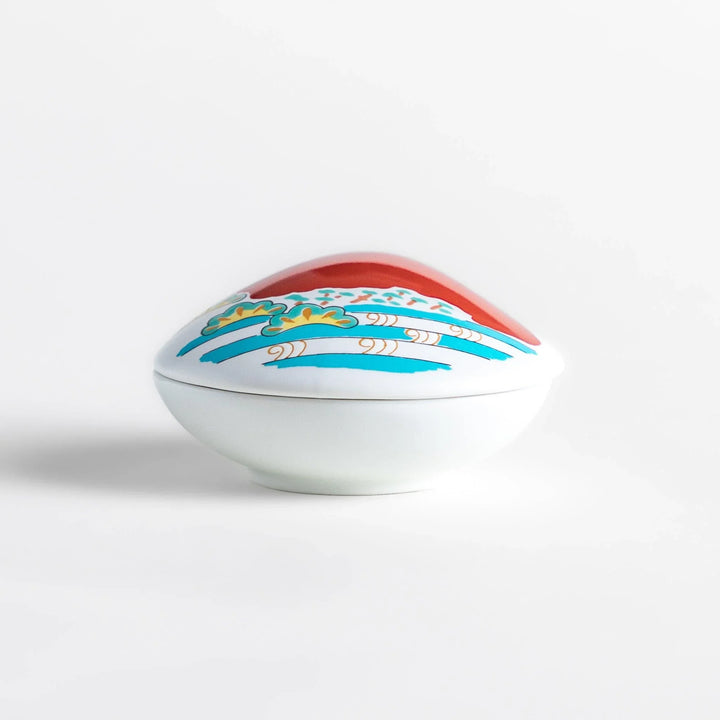White ceramic seashell incense holder with red Mount Fuji and gold accents for elegant Japanese decor.