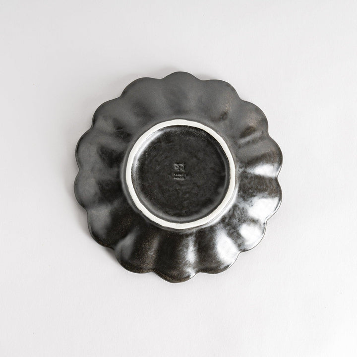 A round white dessert bowl with a rustic scallop-edged border. The border comes in blue, brown, and olive.