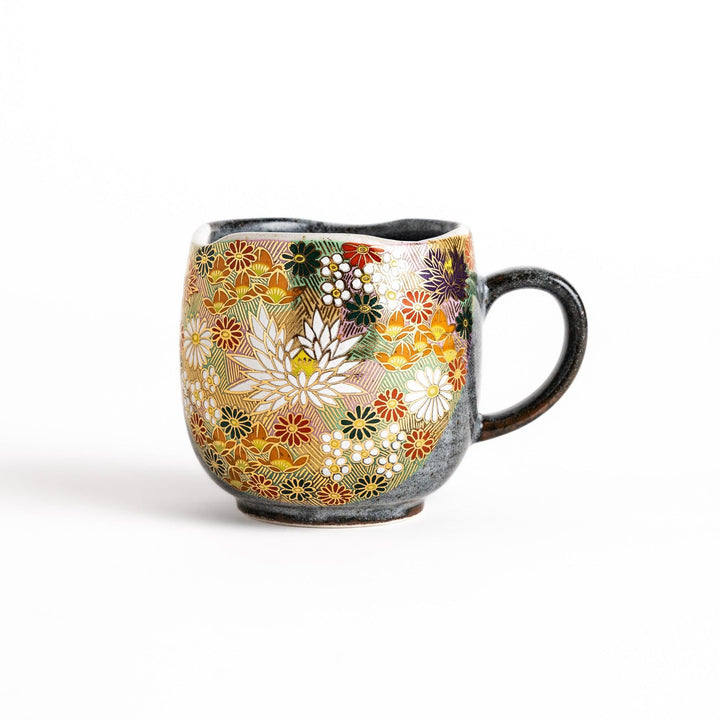 Gray ceramic mug with floral pattern in gold and pastels speckled glaze and comfortable handle design.