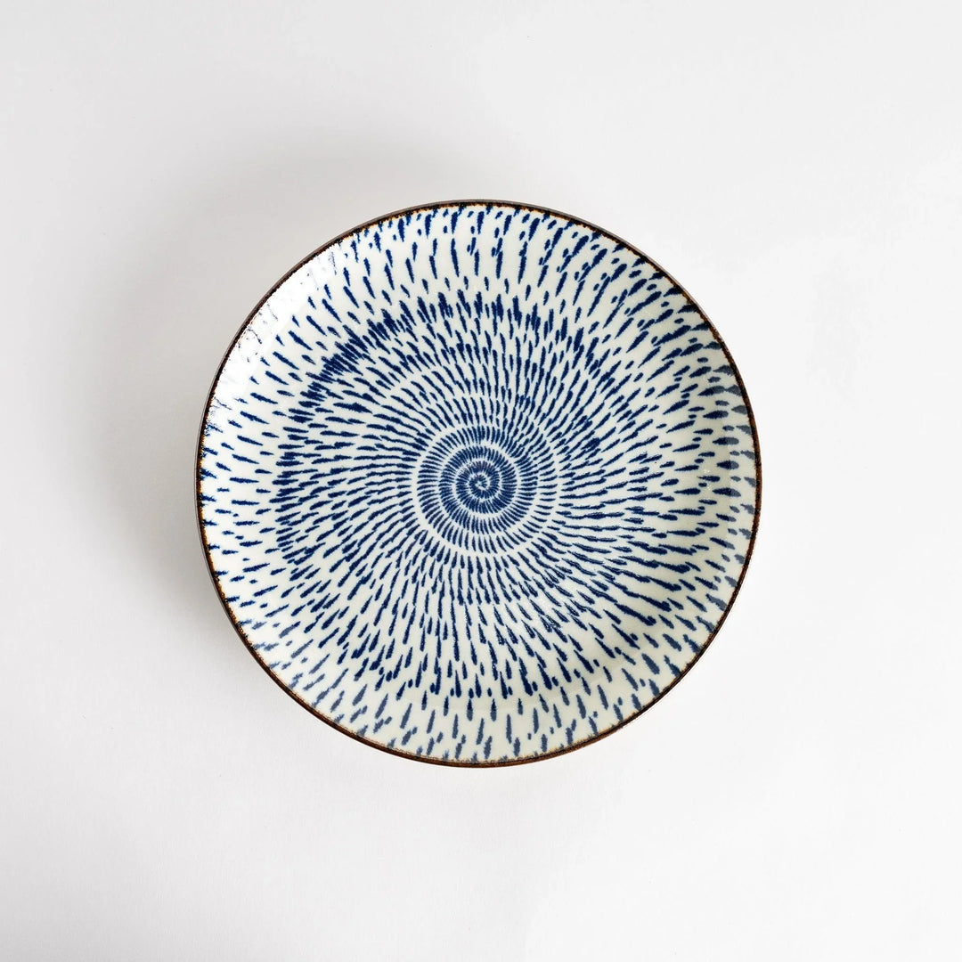 A round dinner plate featuring a striking pattern of blue lines radiating from the center.