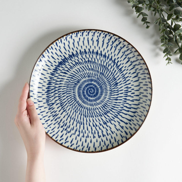 A round dinner plate featuring a striking pattern of blue lines radiating from the center.