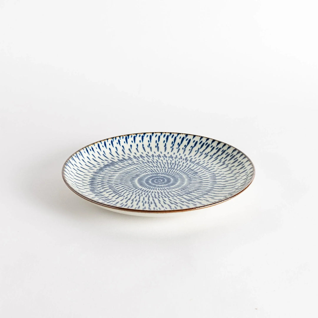 A round dinner plate featuring a striking pattern of blue lines radiating from the center.