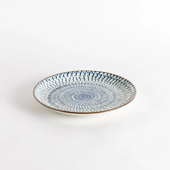 A round dinner plate featuring a striking pattern of blue lines radiating from the center.