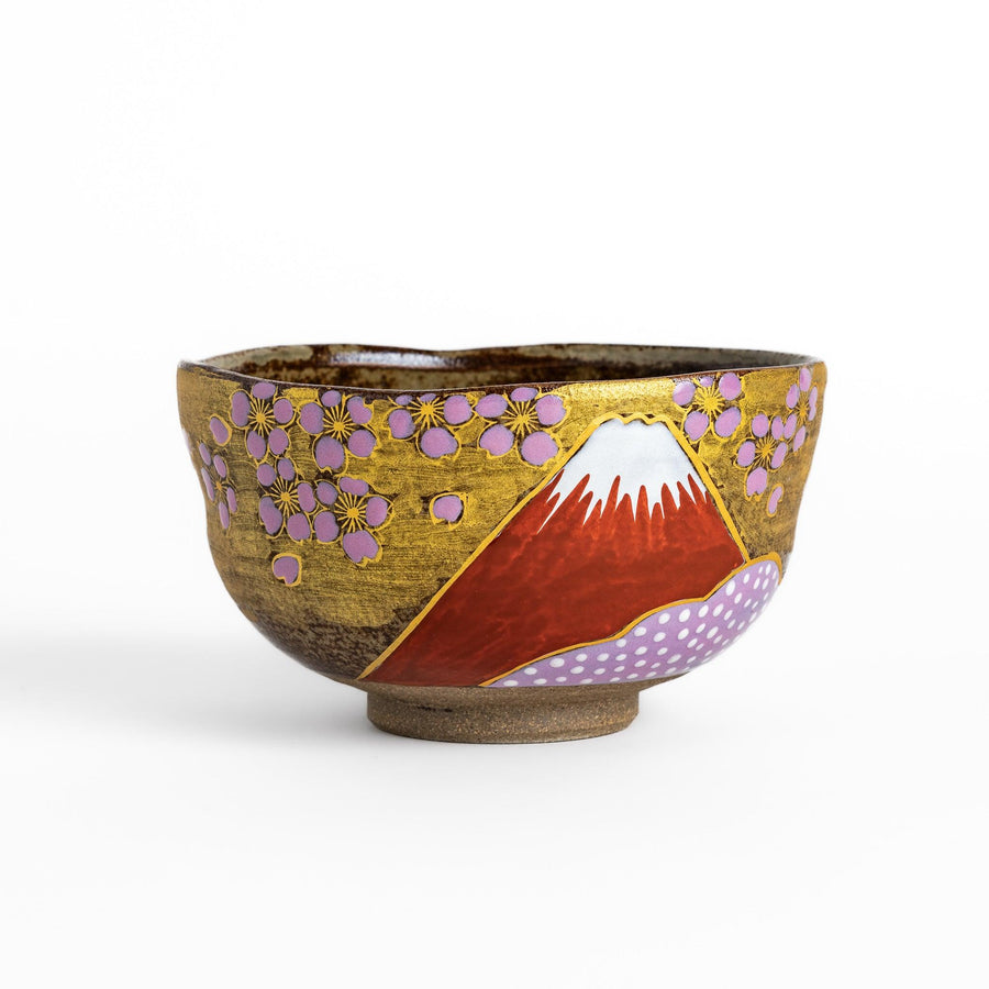Matcha Bowl featuring a beautiful design of Mount Fuji with sakura blossoms and golden accents.