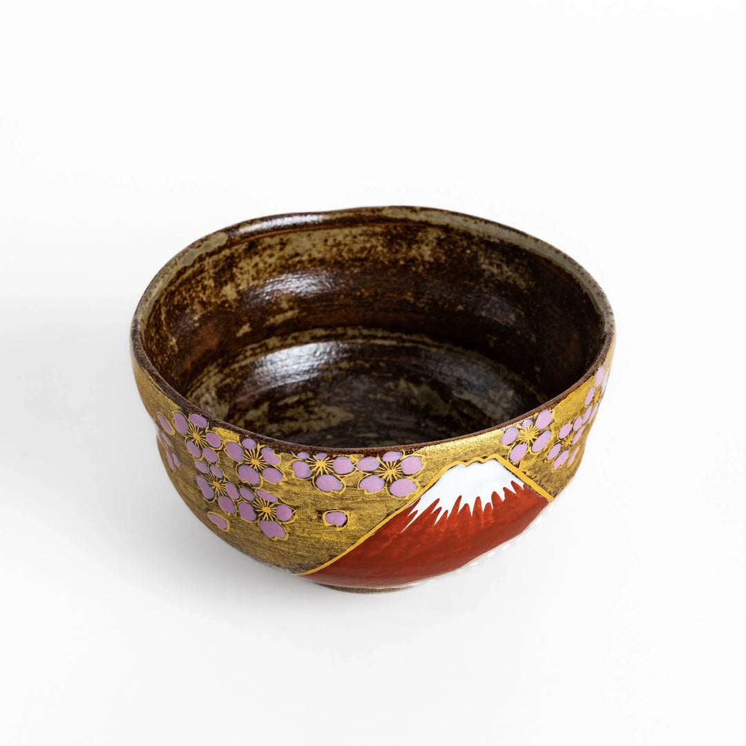 Matcha Bowl featuring a beautiful design of Mount Fuji with sakura blossoms and golden accents.