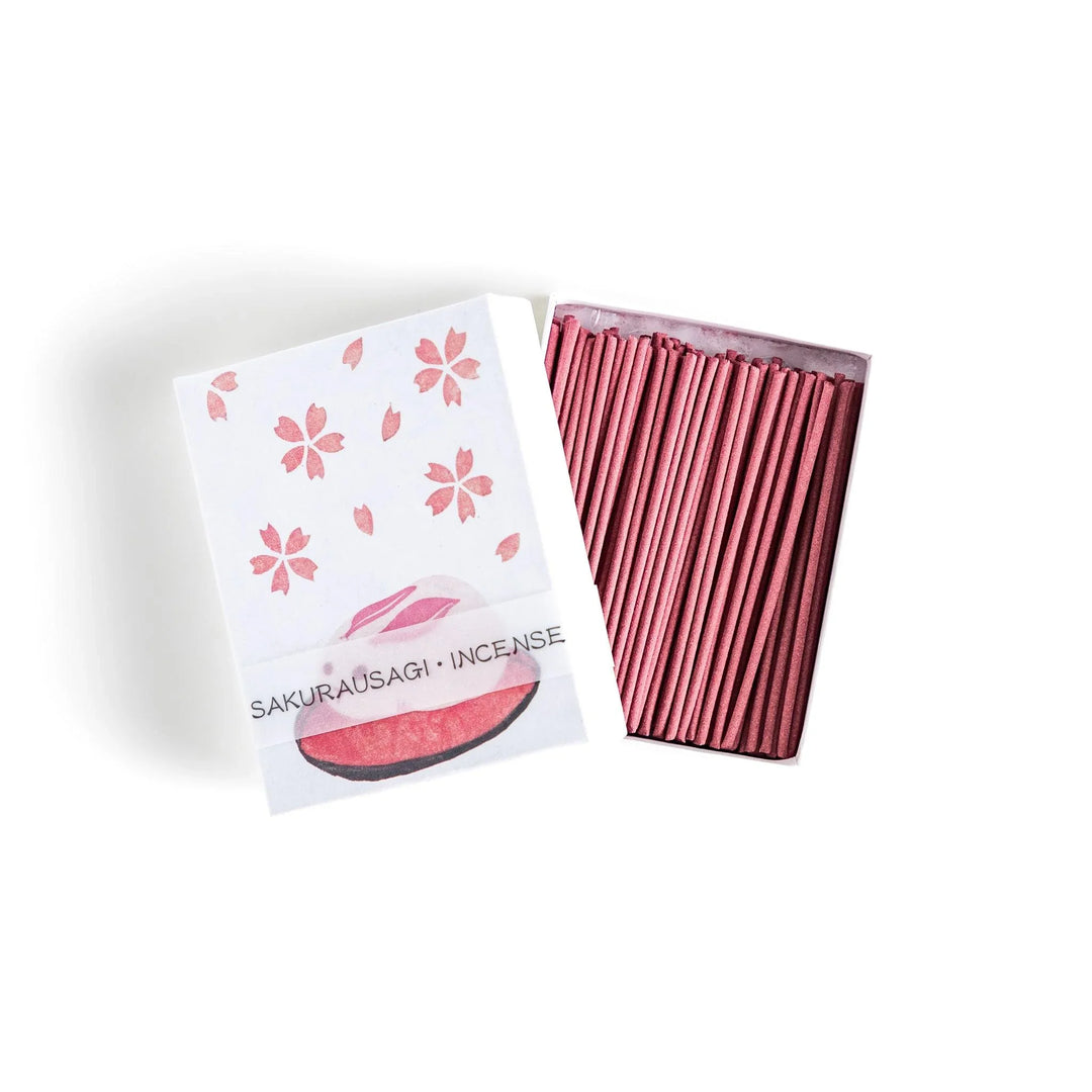 Incense with pink sticks in a sakura rabbit motif box offering a floral fragrance inspired by spring cherry blossoms.