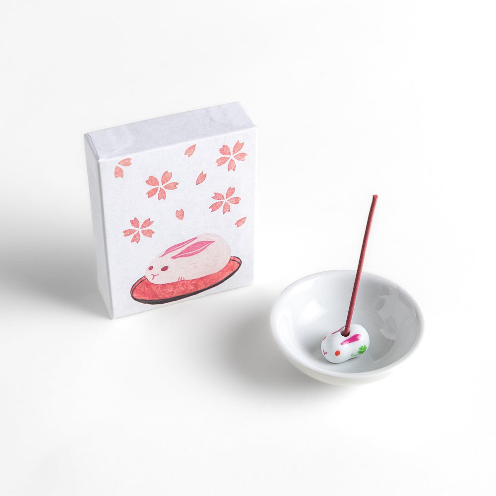 Incense with pink sticks in a sakura rabbit motif box offering a floral fragrance inspired by spring cherry blossoms.