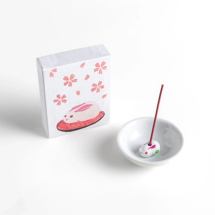 Incense with pink sticks in a sakura rabbit motif box offering a floral fragrance inspired by spring cherry blossoms.