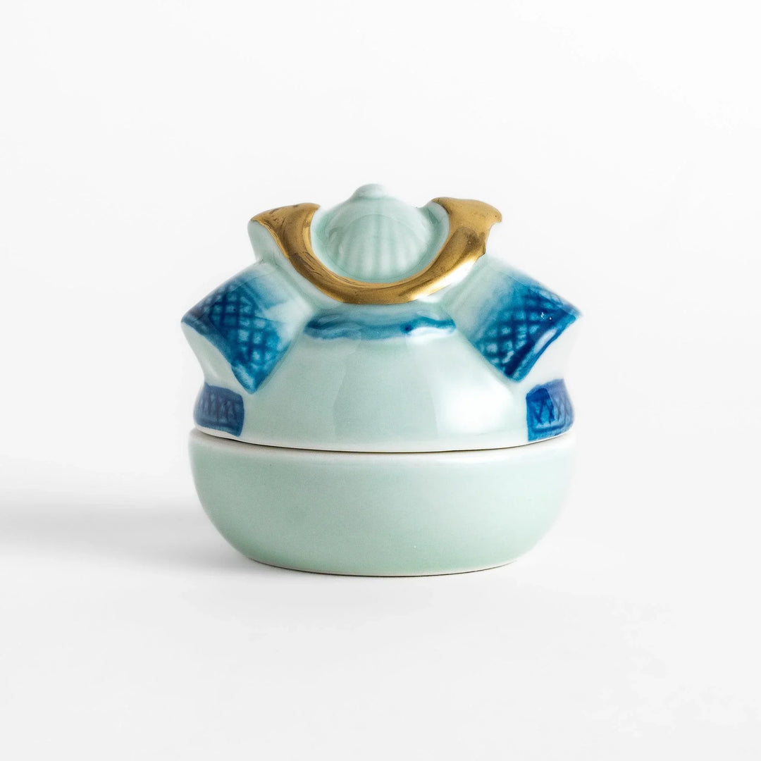 Japanese samurai helmet lidded condiment bowl with blue and gold detailing perfect for sauces or dips.
