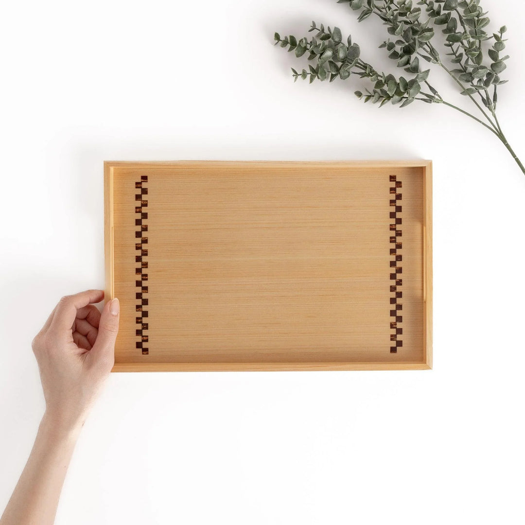 Hinoki wood serving tray with sakura bark accents ideal for tea breakfast or elegant display use.