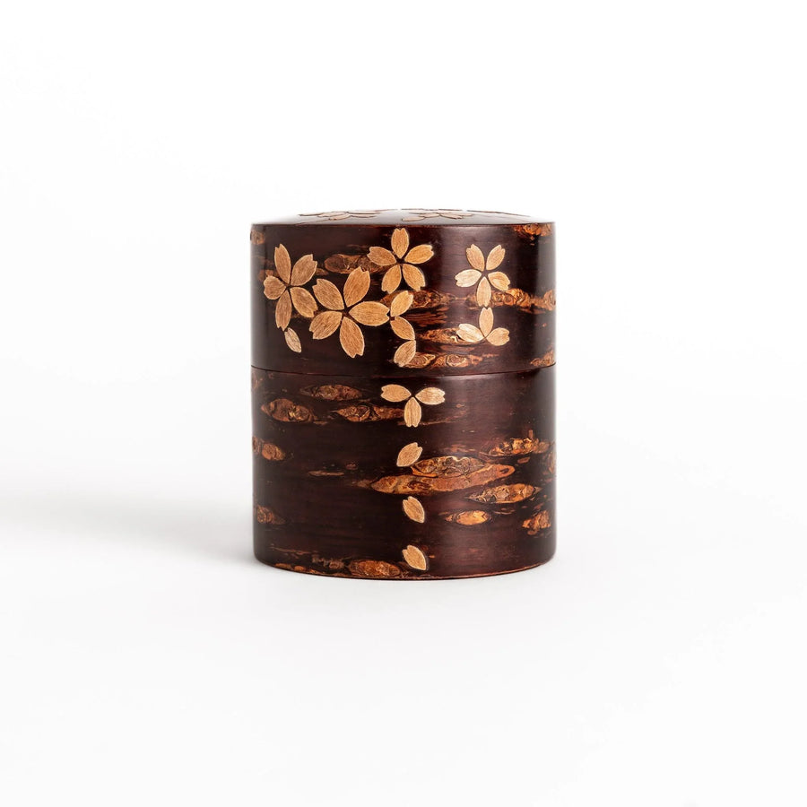 Cherry bark tea canister with natural grain and blossom accents perfect for storing fine Japanese tea.