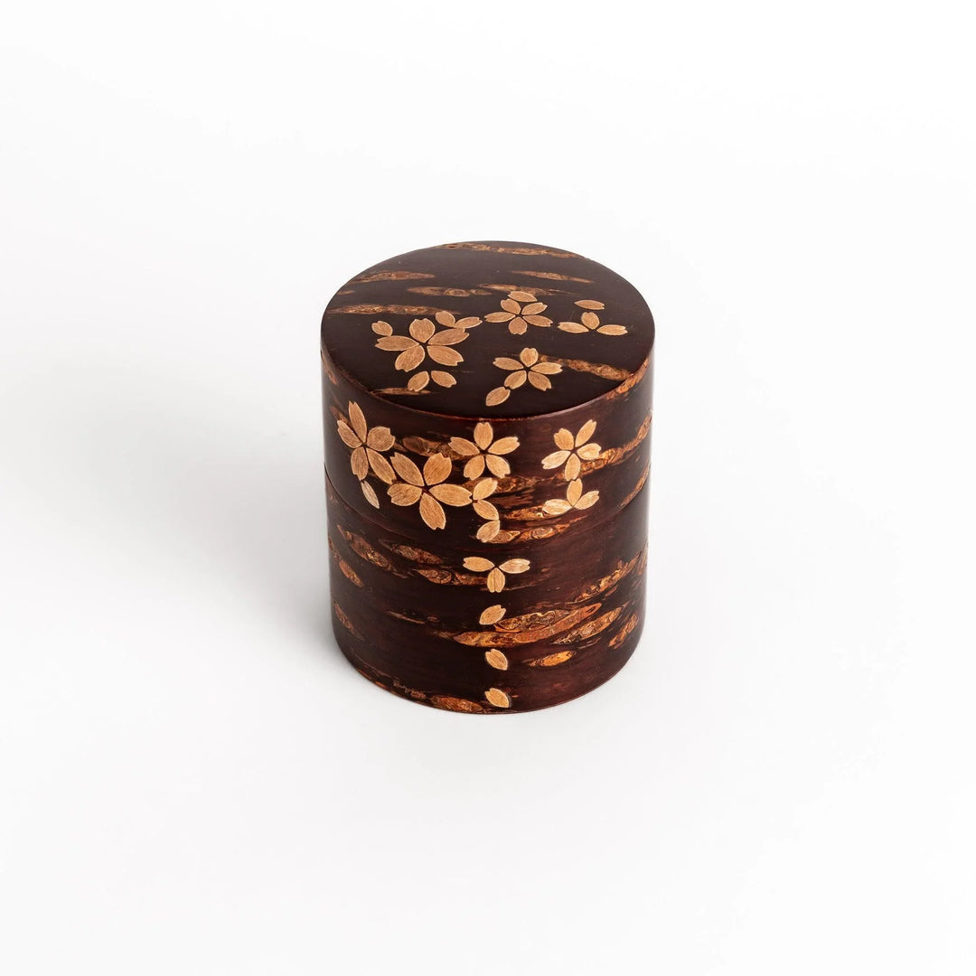 Cherry bark tea canister with natural grain and blossom accents perfect for storing fine Japanese tea.