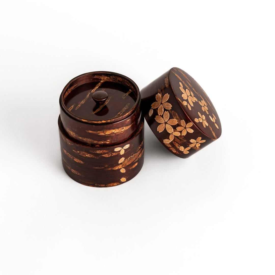 Cherry bark tea canister with natural grain and blossom accents perfect for storing fine Japanese tea.