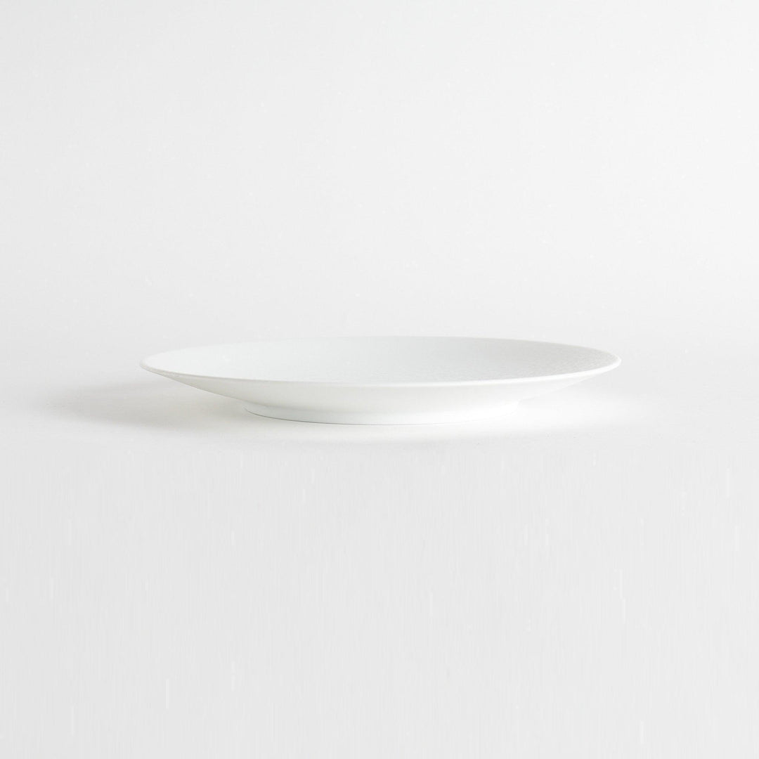 A large, round dinner plate with a soft, speckled white finish.