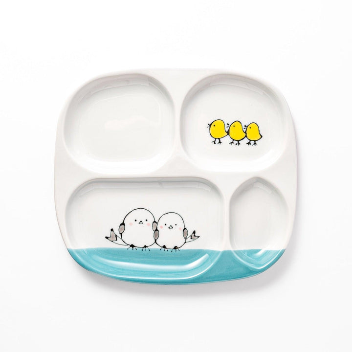 Kids’ plate featuring two snowbirds and three yellow chicks with blue accents, perfect for cheerful mealtime.