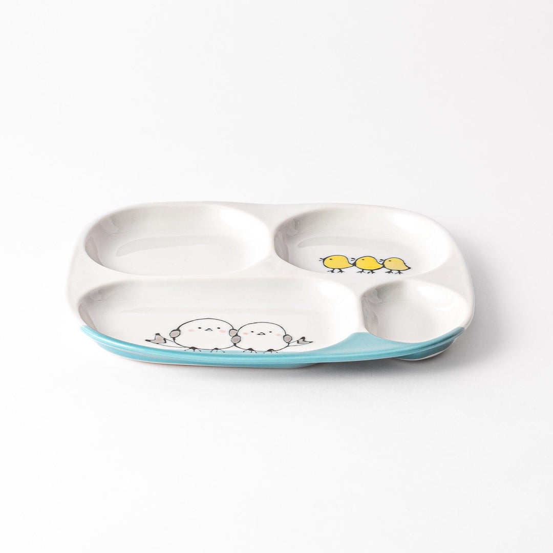 Kids’ plate featuring two snowbirds and three yellow chicks with blue accents, perfect for cheerful mealtime.